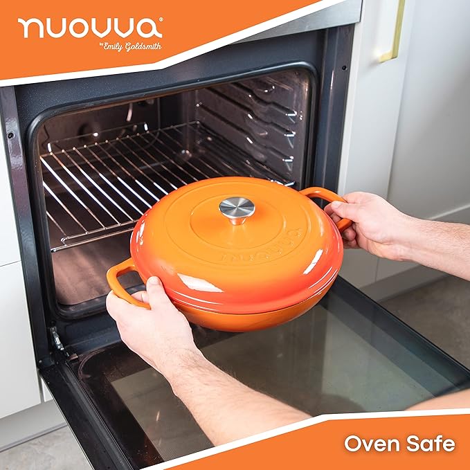 Cast Iron Dutch Oven with Lid – Non Stick Shallow Dutch Oven Pot, Oven Safe up to 500° F – Sturdy Cooking Pot – Enamelled Stockpot Cookware – Orange, 3.7-Quart, 30cm – by Nuovva