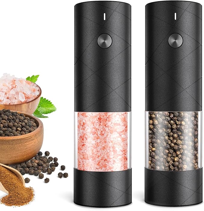 Rechargeable Salt and Pepper Grinder Set with LED Light, Adjustable Coarseness shakers, One-Hand Operation for Kitchen Appliances Christmas Gift Sets for Women(2 Pack Upgrade Black)