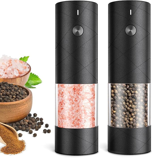 Rechargeable Salt and Pepper Grinder Set with LED Light, Adjustable Coarseness shakers, One-Hand Operation for Kitchen Appliances Christmas Gift Sets for Women(2 Pack Upgrade Black)