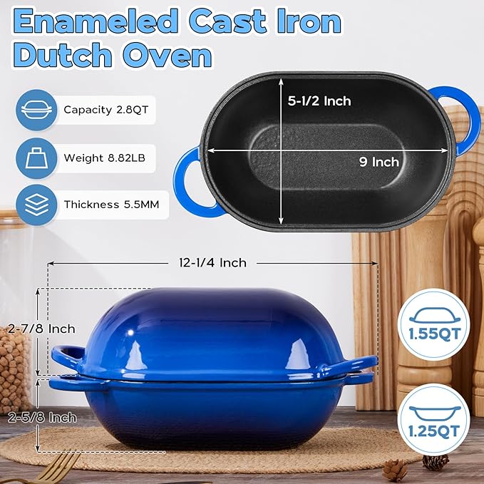 Onader Enameled Cast Iron Oval Dutch Oven Pot with Lid, 2.8QT Dutch Oven for Sourdough Bread Baking, Cast Iron Bread Pan, 9x5-1/2 Inch Loaf Meatloaf Pan, Heavy Duty - Blue