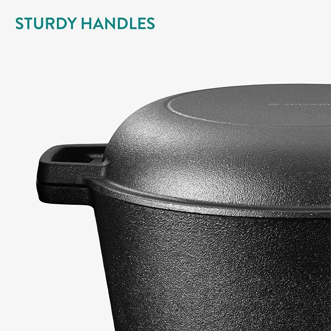 Navaris Cast Iron Casserole Dish Pot 5QT / 10.2" (4.7L / 26cm) - Dutch Oven for Bread Making - Pre-Seasoned Cast Iron Pot with Lid Usable as Frying Pan