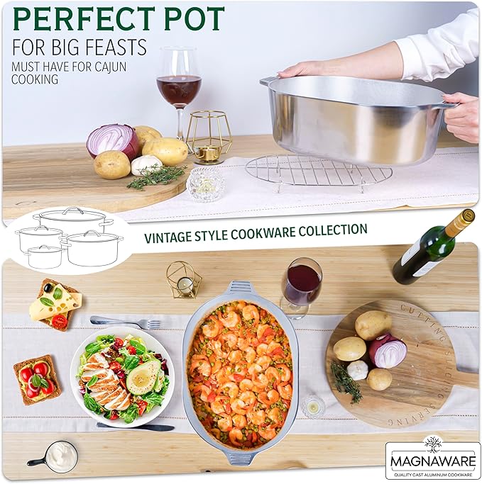 Cast Aluminum Oval Dutch Oven with Lid - 10 QT Heavy Duty & Lightweight Roaster Pan with Rack & Silicone Cover Dual Handles — Cajun Cookware for Roasting, Baking, Cooking (15" - Large)
