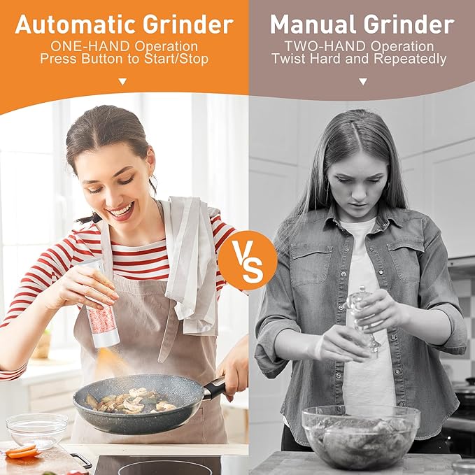Electric Salt and Pepper Grinder Set, Rechargeable Automatic Pepper Mill Grinder with LED Light, House Warming Gifts New Home, One-Hand Operation for Kitchen Appliances(2 Pack Upgrade White)