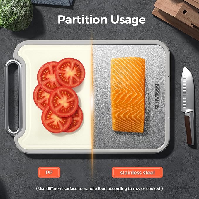 Stainless Steel Cutting Board for Kitchen, 2-in-1 Double-Sided Chopping Board, Food Grade Stainless Steel/PP, Easy to Clean, Large Size, Non-Slip, 16”×11”