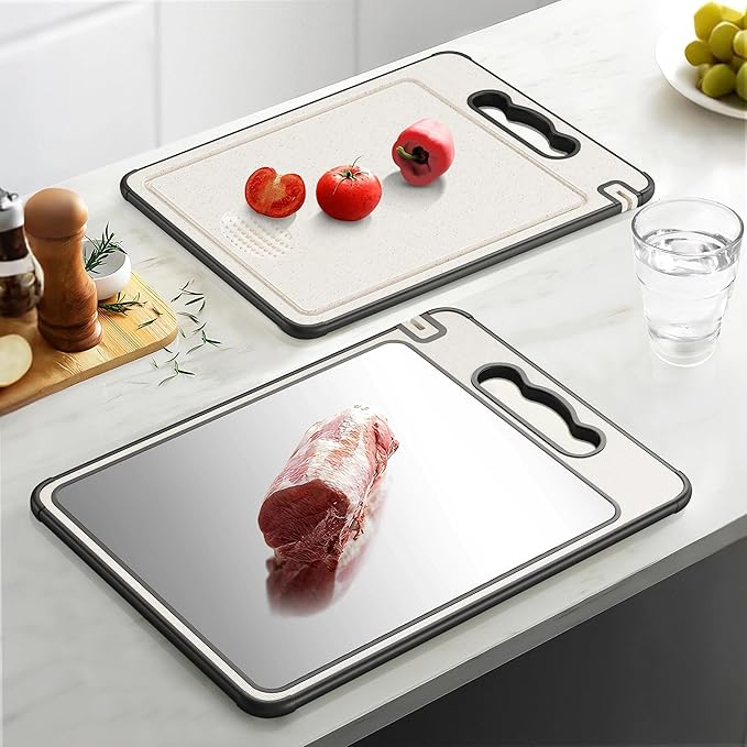 Double Sided Titanium& Wheat Straw Cutting Board, 16"*11" Non Toxic Lightweight Chopping Board, Separately Handle Meat and Vegetables, Dishwasher Safe, Scratch Resistant Mesh Design