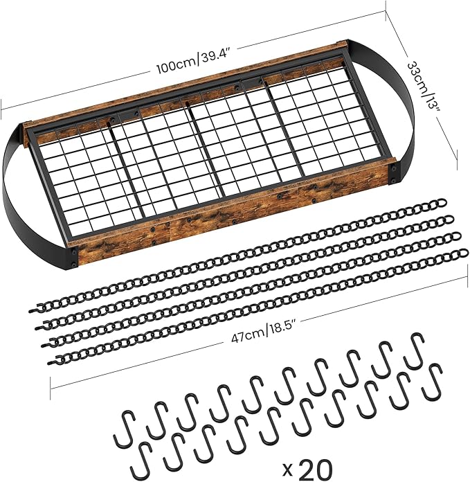 39.4-Inch Hanging Pot Rack, Space-Saving Pot Hanger for Kitchen, Ceiling Pan Hanging Rack with 16 Detachable S Hooks, Sturdy Metal Frame, Industrial Style, Rustic Brown and Black TPR10BF