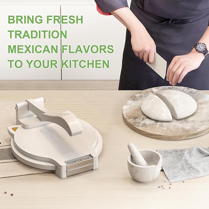 Tortilla Press 10 Inch - Bamboo Quesadilla & Roti Maker with Parchment Paper Sheets & Dough Cutter for Homemade Flour Corn Tortilla, Wood Tortillera Pataconera Tortilla Maker for Home Baking