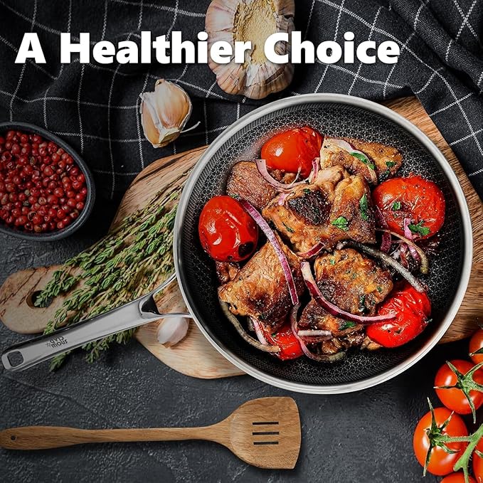 Non Stick Frying Pans Set with 2 Lid, Hybrid Skillet Set Nonstick (8+10+12inch), Pans for cooking, PFOA Free Stainless Steel Kitchen set, Dishwasher and Oven-Safe Cookware Sets