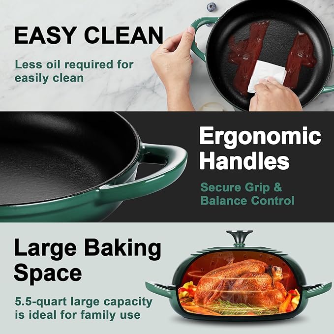 P&P CHEF Bread Dutch Oven for Sourdough, 5.5 Quart Enameled Cast Iron Dutch Oven Pot with Lid for Homemade Bread Baking, Easy to Clean & Even Heat, Dark Green