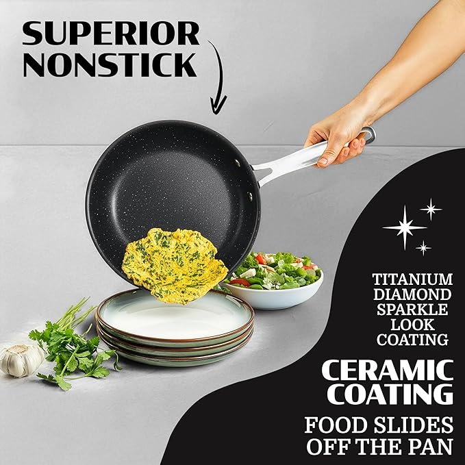 Granitestone Ceramic Nonstick Frying Pan Set 3pc 8/10/12 inch, Non Toxic Skillet Set, Induction Compatible, PFOA Free, Oven & Dishwasher Safe - Black