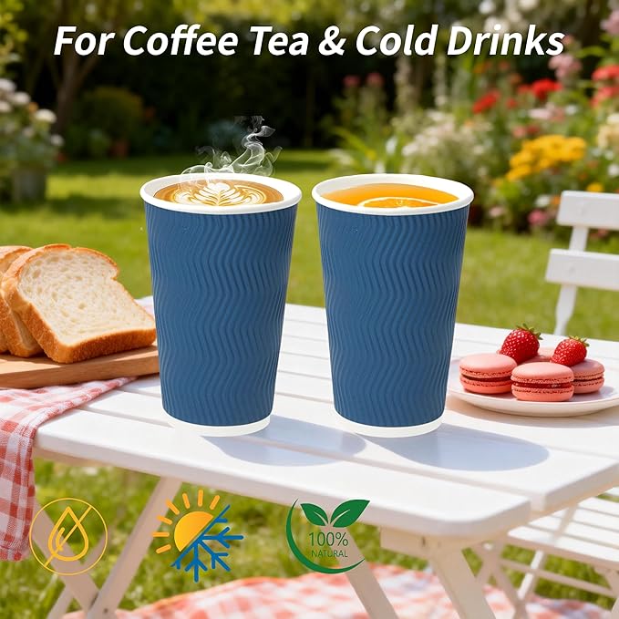 16 oz 100 Pack Corrugated Ripple Wall Disposable Coffee Cups with Lids and Straws, Heavy Duty Insulated Cups for Hot Beverage or Cold Drinks, Bulk for Restaurants, Offices, Coffee Shops(Blue)