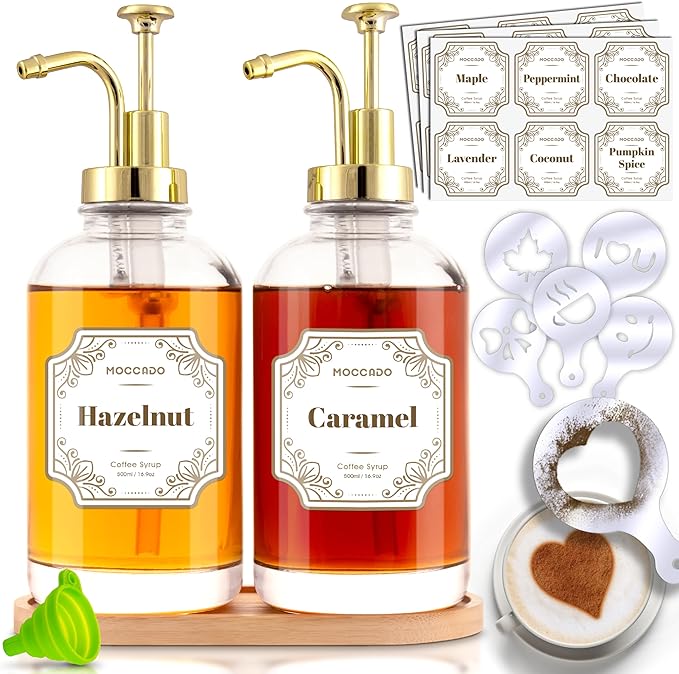 Glass Coffee Syrup Dispenser for Coffee Bar - Set of 2 Gold 500 ml / 16.9 oz Glass Syrup Bottles, Includes Bamboo Tray, 16 Stencils, Labels, Coffee Bar Accessories