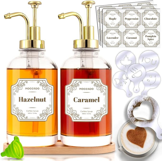 Glass Coffee Syrup Dispenser for Coffee Bar - Set of 2 Gold 500 ml / 16.9 oz Glass Syrup Bottles, Includes Bamboo Tray, 16 Stencils, Labels, Coffee Bar Accessories