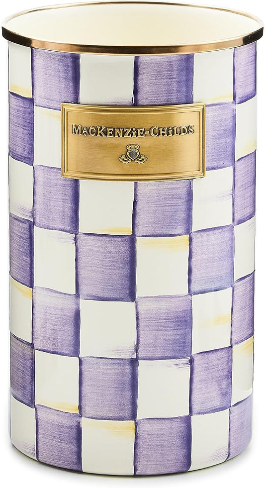 MACKENZIE-CHILDS Enamel Utensil Holder, Stylish Kitchen Countertop Organizer, Purple-and-White Violet Check
