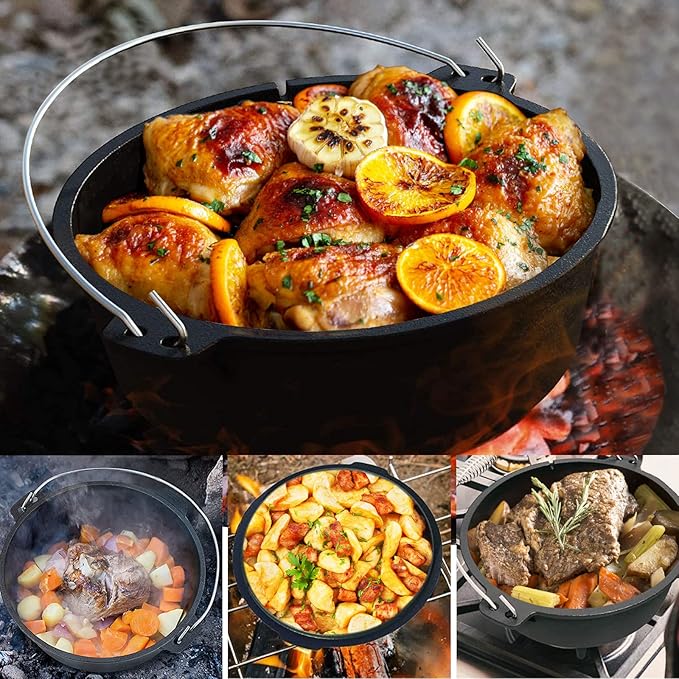 Camping Dutch Oven, 9 Qt Pre-Seasoned Cast Iron Camp Dutch Oven Pot with Lid - Lid Lifter, Cast Iron Dutch Oven with Metal Handle for Cooking BBQ Baking Campfire Modern Black