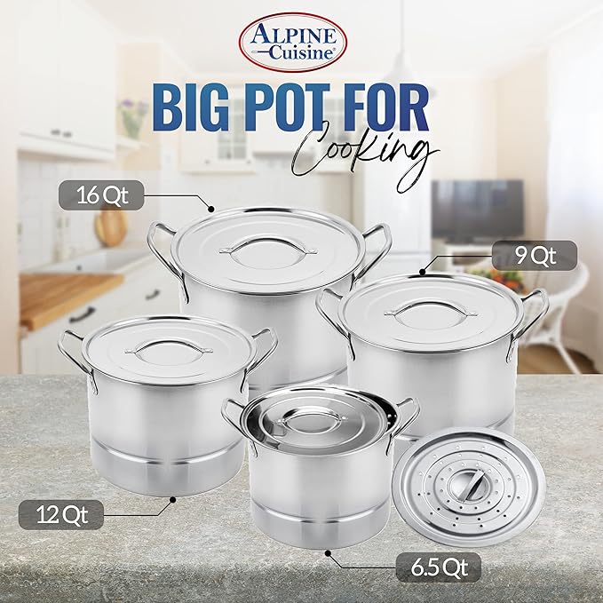 Alpine Cuisine 12-Piece Stainless Steel Stock Pot and Steamer Set – Large Cooking Pots with Lids For Soup, Boiling, Canning, Steaming, Tamales 6.5/9.5/12/16 Quart