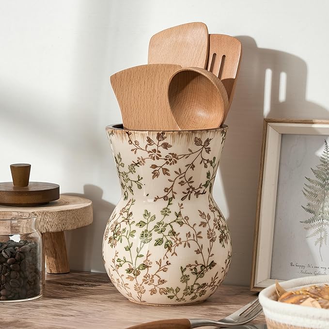 JIEMEI HOME Kitchen Utensil Holder for Countertop, 7.56" Ceramic Large Rustic Utensil Crock, Farmhouse Cooking Tool Organizer, Spatula Holder For Kitchen Decor, Green and Brown Floral