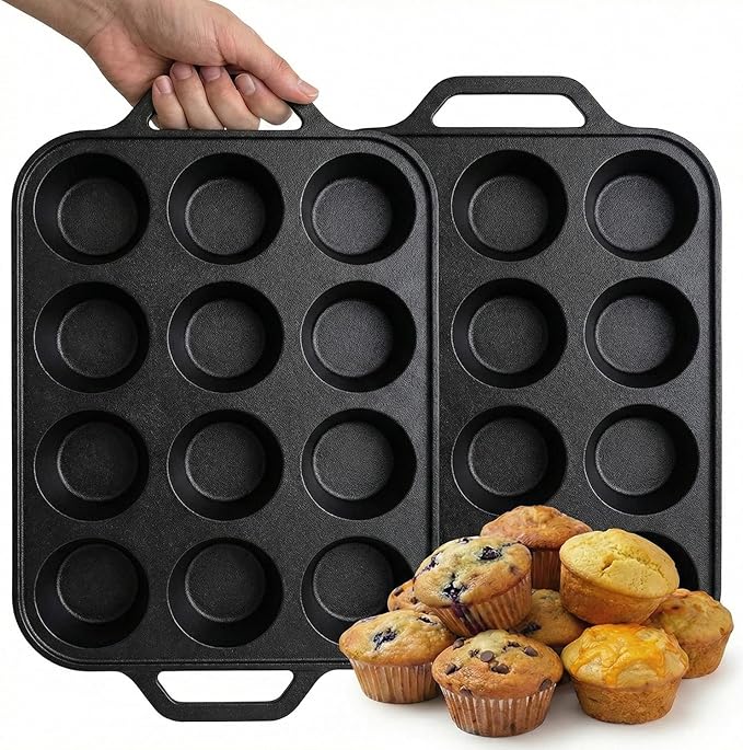 2pack Cast Iron Muffin Pans for Baking 12 Cup Regular Size Cupcake Pan with Handle Pre-Seasoned Muffin Pans Molds
