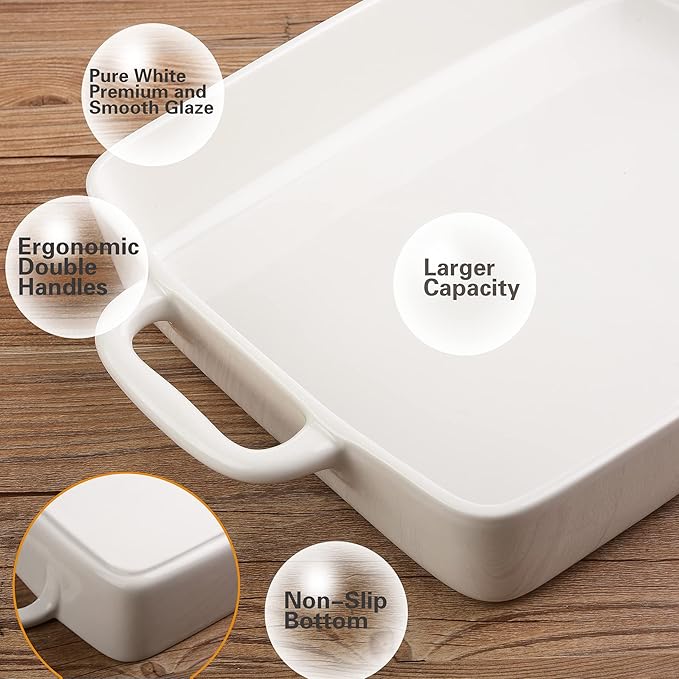 9 x13 Baking Dish Ceramic Lasagna Pan for Oven, Large Bakeware Tray Rectangular Casserole Dishes with Double Handle for Cooking and Daily Use -White