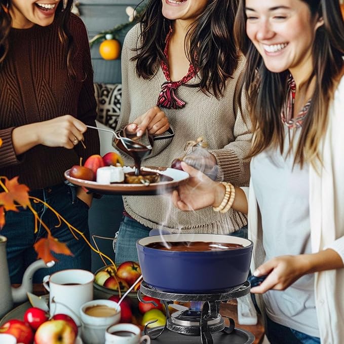 Artestia Cast Iron Fondue Pot Set for Cheese & Chocolate, Fondue Set for 6 with Burner & 6 Forks, Swiss Fondue Pot for Party, Family & Gift, Blue