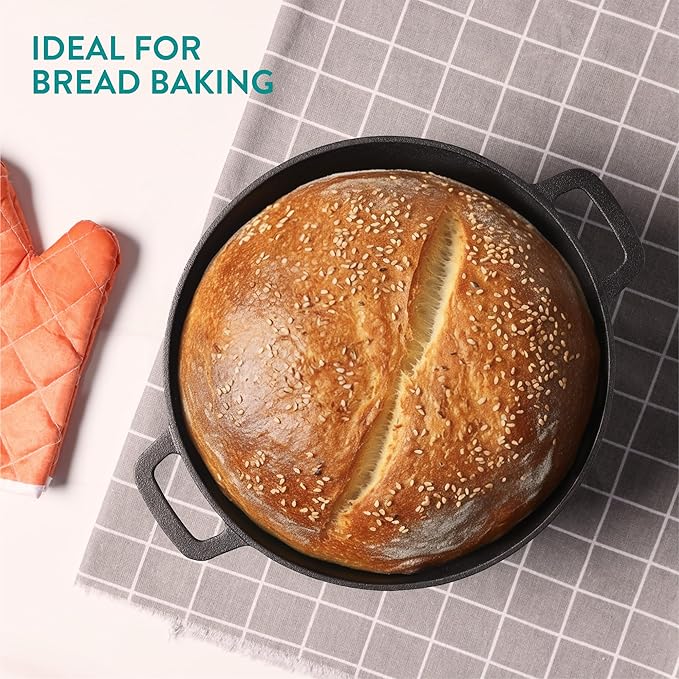 Navaris Cast Iron Casserole Dish Pot 5QT / 10.2" (4.7L / 26cm) - Dutch Oven for Bread Making - Pre-Seasoned Cast Iron Pot with Lid Usable as Frying Pan