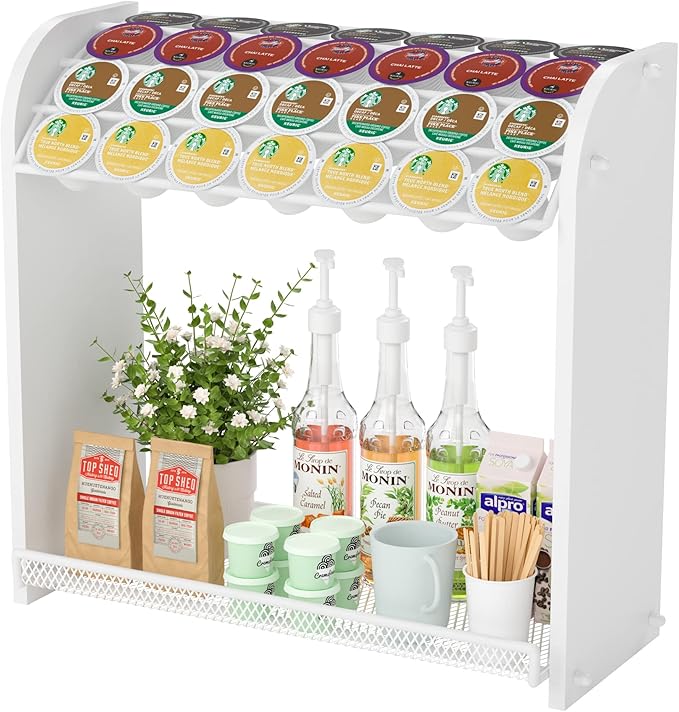Coffee Pod Organizer for Countertop, Bamboo K Cup Holder, Easy Assembly Coffee Station Organizer for Home Office Coffee Bar, White