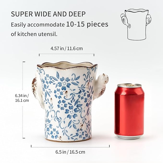 6.34“H Utensil Holder for Kitchen Counter, Modern Farmhouse Cooking Utensil Holder and Crock Home Kitchen Decor, Ceramic Utensil Organizer for Spatula, Ladle, Eggbeater, Rolling Pin- Blue and White