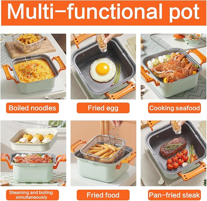 Deep Fryer & Steamer Pot - Nonstick Maifan Stone Coating, Fry, Steam, Sauté & Braise, Easy-Clean, 4.5L/152oz Capacity with Glass Lid, Metal Steamer Rack, and Stainless Steel Fry Basket