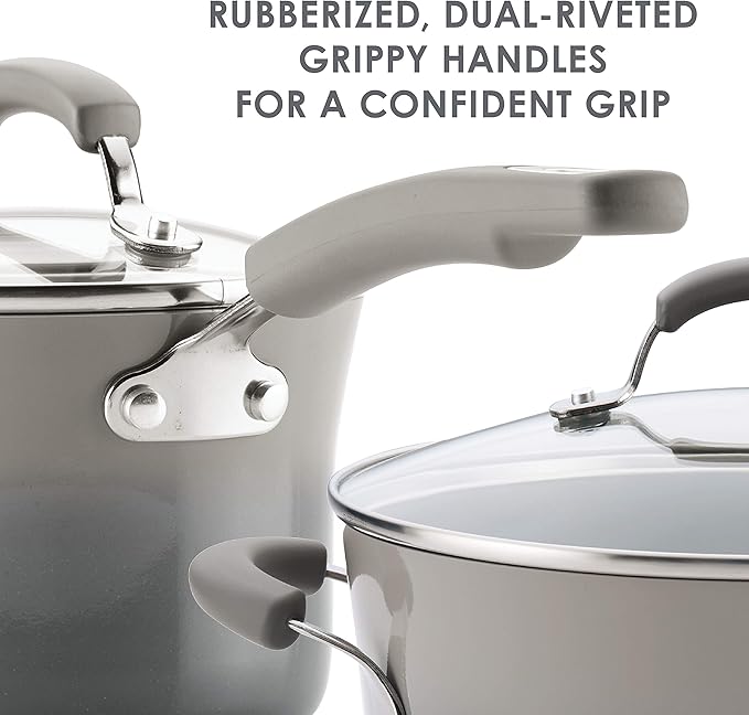 Rachael Ray Brights Sauce Pot/Saucepot with Steamer Insert, 3 Quart, Two-Tone Sea Salt Gray