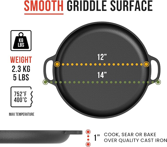 Chef Pomodoro Cast Iron Pizza Pan, Pre-Seasoned 12 inch Cast Iron Skillet with Handles, Dosa Pan for Dosa Tawa Roti, Crepe Pan, Comal for Tortillas, Baking Stove, Oven, Grill BBQ and Campfire