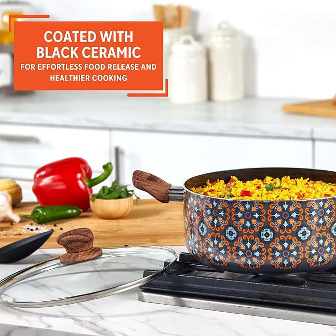 IMUSA 4.8qt Talavera Aluminum Black Ceramic Dutch Oven with Glass Lid & Wood Look Handles