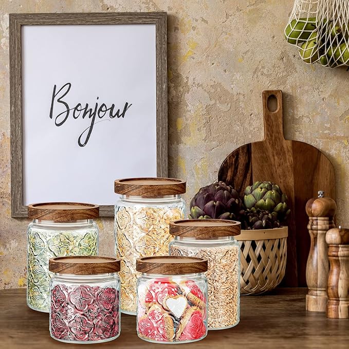Gerrii 5 Pcs Begonia Pattern Round Vintage Glass Food Storage Containers 17/24/34 oz Glass Jar with Lid Airtight Candy Jar Food Canisters for Kitchen Counter Pantry Coffee Tea Beans