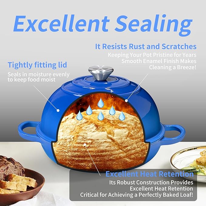 Bread Dutch Oven for Sourdough Bread Baking – Cast Iron Dutch Oven Pot with Lid, Enameled Bread Baker, 6 Quart/26cm Blue