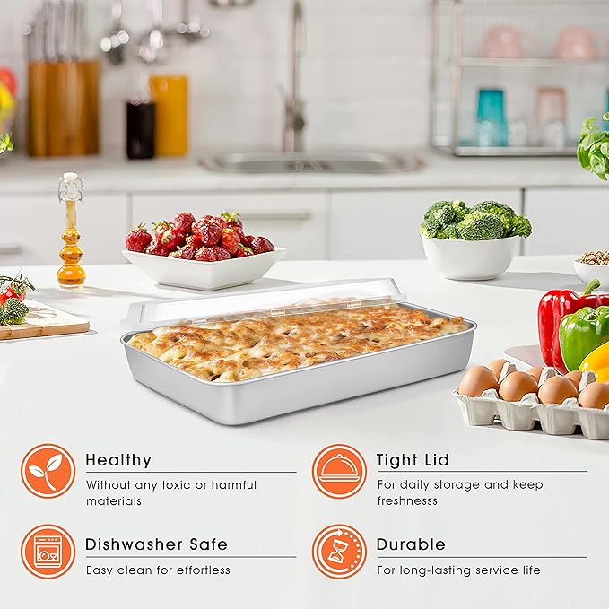 Herogo Baking Pan with Lid, 9 x 12 Inch Stainless Steel Nonstick Deep Pan, Rectangle Cakes Bakeware with Lid for Brownies Casseroles, Non Toxic & Dishwasher Safe, Set of 4