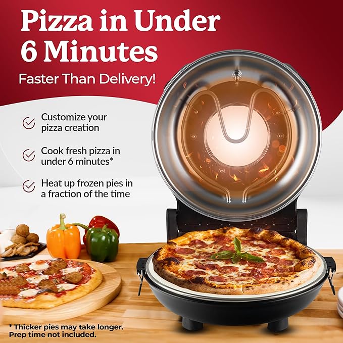 PIEZANO 12 Inch Electric Indoor Pizza Oven Heats up to 800˚F - Pizza Maker with Ceramic Stone for Crispy Crust Pizza, Cooks in Under 6 Minutes, Countertop, Dual Heat Control, Peels & Scraper Included