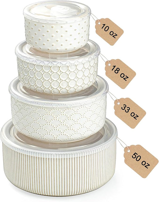 Mixing Bowls with Lids Set of 4, Ceramic Nesting Bowls, Embossed Mixing Bowl Set for Food Storage, Prep Bowl, Gift, Microwave and Dishwasher Safe, 10/18/33/50 OZ, Off-White