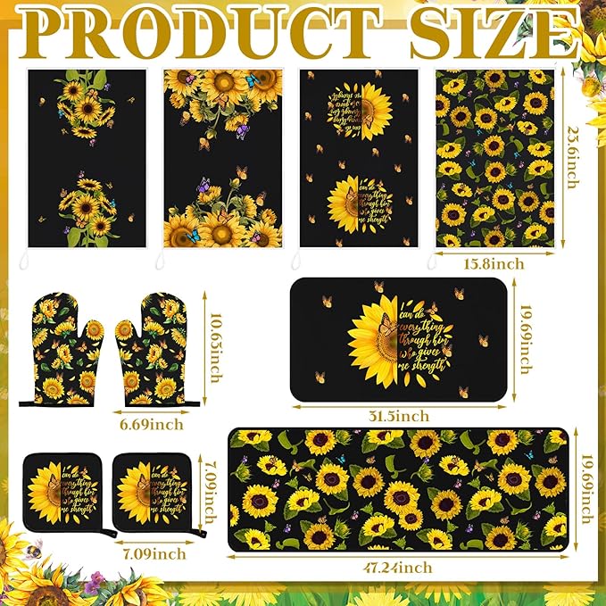 10 Pcs Sunflower Kitchen Decor Sunflower Oven Mitts and Pot Holders Set Black Dish Towels Summer Rugs Mats Farmhouse Kitchen Accessories for Chef Baking Cooking Grilling BBQ Women Home Gift