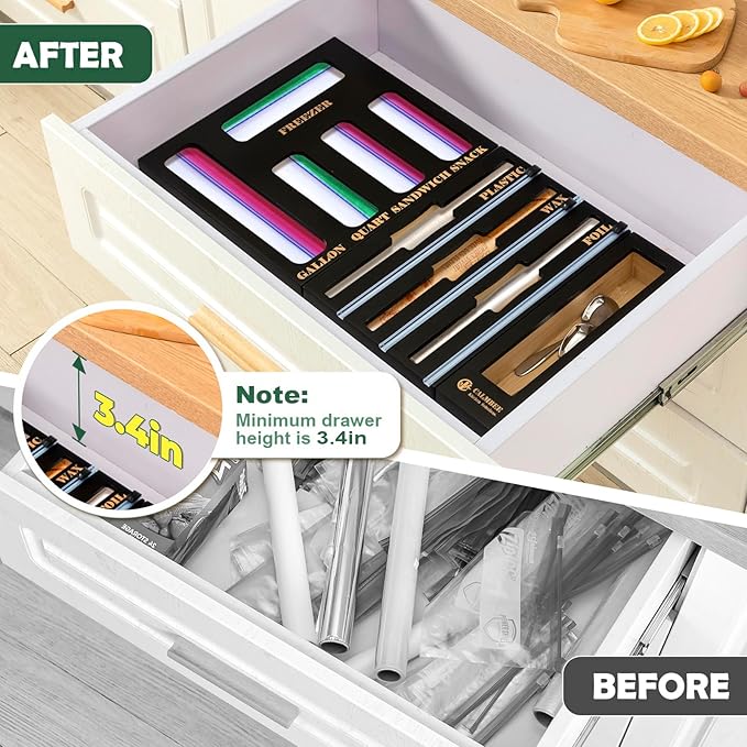 Calmbee 9-in-1 Bamboo Kitchen Organizer - Black & Multicolor Modern Minimalist Caddy with 3-in-1 Wrap Dispenser, Cutter & Bag Organizer