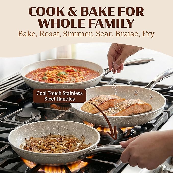 Granitestone Ceraluxe 3pc Non Stick Frying Pans Set, 8,10,12 inch Ceramic Frying Pan Skillet Set, Non Toxic Frying pans Nonstick for Cooking, Induction Ready, PFOA Free, Oven & Dishwasher Safe - Taupe