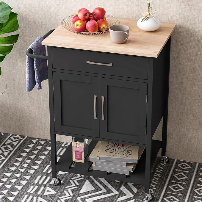 Giantex Rolling Kitchen Island Cart, Mobile Serving Cart with Drawer, 2-Door Storage Cabinet, Storage Shelf, Towel Rack, Food Prep Utility Cart on Wheels for Dining Room, Living Room (Black)