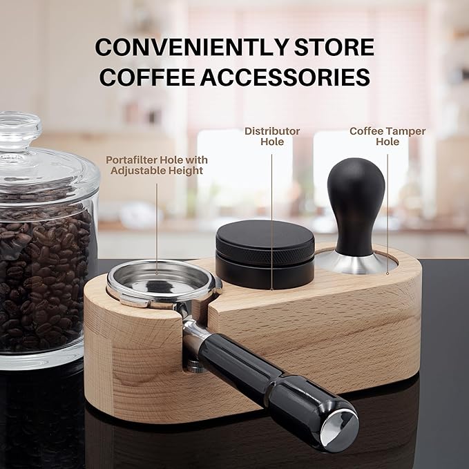 Espresso Tamping Station, ROAST & REVEL, 58MM Portafilter Espresso Accessories, Beech Wood Organizer, Espresso Station, Coffee Tamper Station for Countertop
