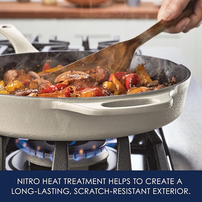 Rachael Ray NITRO Cast Iron Frying Pan/Skillet with Helper Handle and Pour Spouts, 12 Inch, Almond