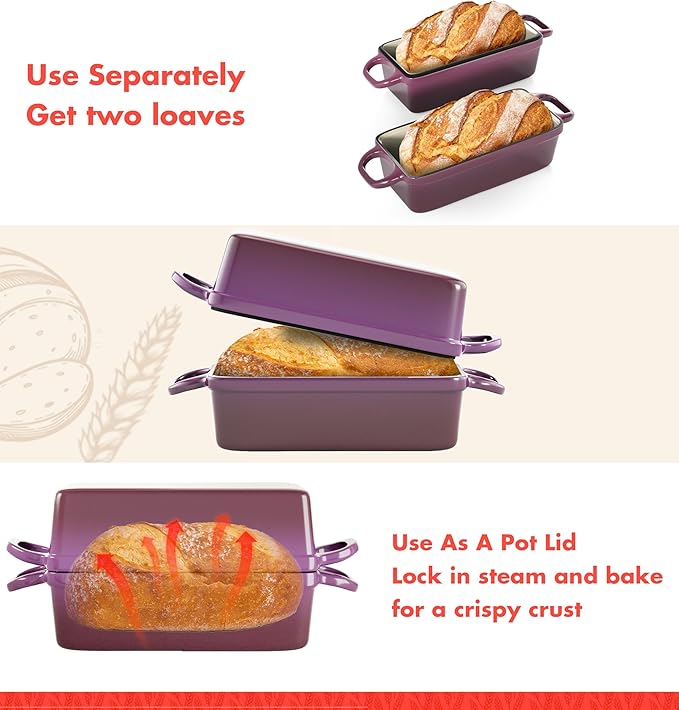 2 IN 1 Cast Iron Bread Loaf Pan with Lid, 3.4QT 9x5 Inch Dutch Oven for Bread Baking, Even Heating Bread Oven, Enameled Bread Pan for Homemade Sourdough Bread Baking & Versatile Cooking, Purple