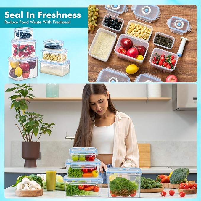 LemonRoad 33 Piece Vacuum Seal Storage Food Containers with Lids (6Containers&6 Lids&20 Sealable Bags&1 Hand Vacuum Pump), Meal Prep Containers with Lid, Airtight and Leak Proof(Blue)