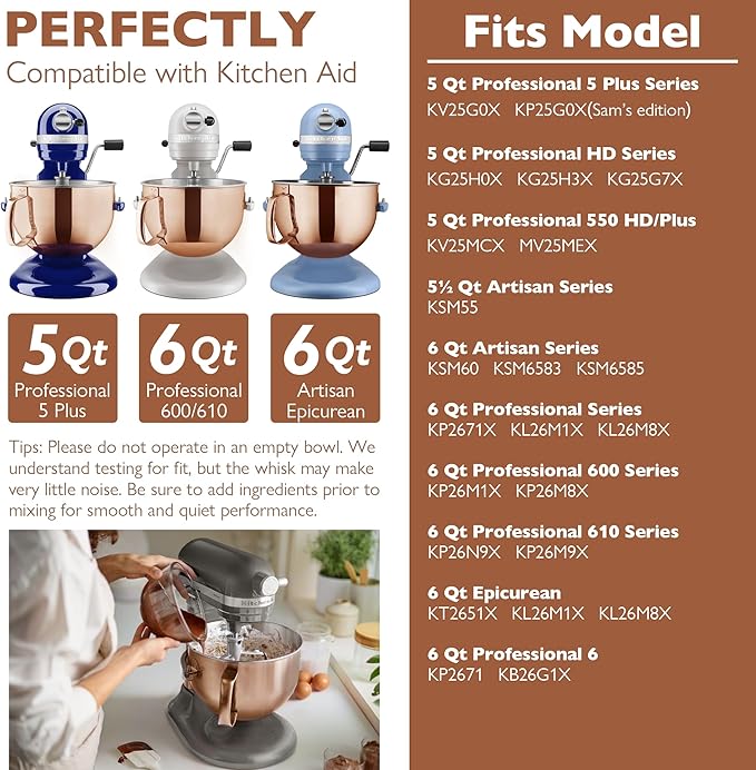 Copper Color Stainless Steel 6 Quart Mixing Bowl for Kitchen Aid Professional Bowl Lift Stand Mixer, Heavy Duty Extra Mixer Bowl fits KP26, KB26, Dishwasher Safe, Ergonomic Handle