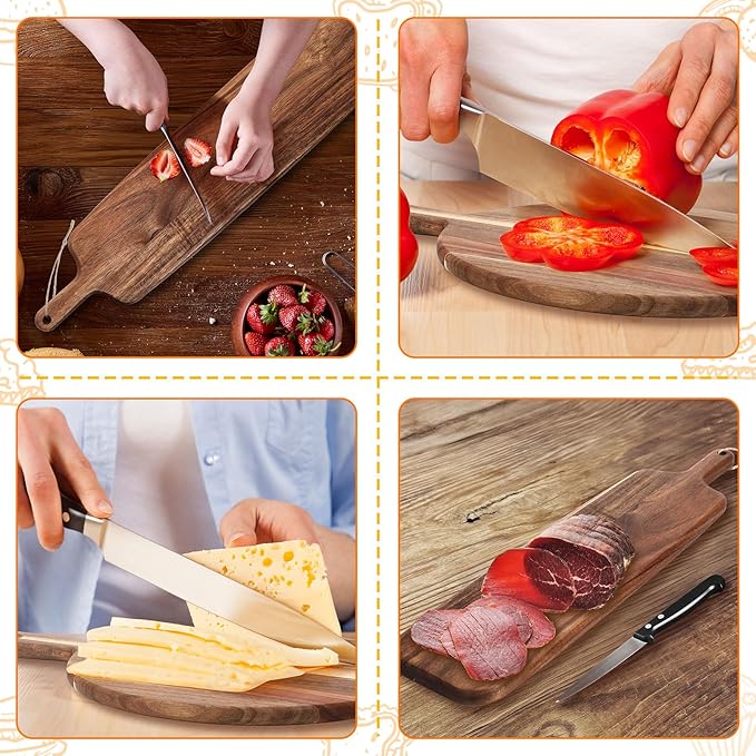 Hsei 2 Pcs Acacia Wood Cutting Board with Handle Wooden Charcuterie Board Large Paddle Carving Chopping Set Butter Serving Tray for Cheese Meat Fruit Bread (Classic Handle,16x12,19x4.7 Inch)