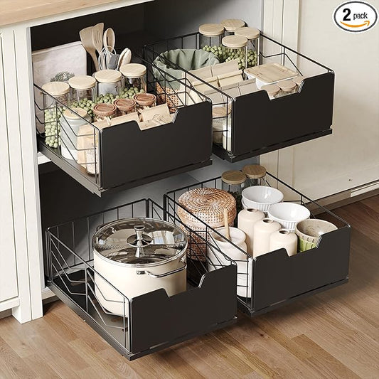 NETEL Pull Out Cabinet Organizer, 2 Pack No Drill Slide Out Drawers for Kitchen Cabinets, Metal Pantry Pull Out Shelves, Kitchen Cabinet Organizer, Pull Out Home Organizers, 11.8" W X 15.7" D X 6.9" H