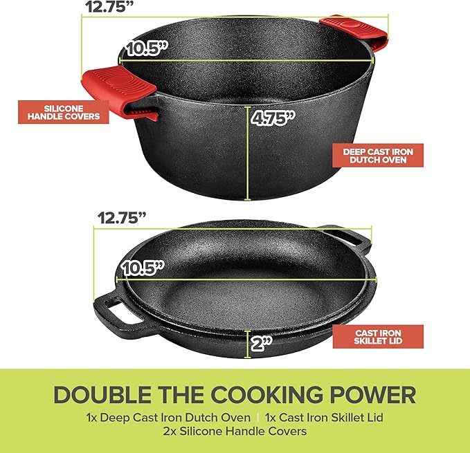 Modern Innovations 3-in-1 Dutch Oven & Skillet Combo, Preseasoned Cast Iron Cookware Set, 5QT Dutch Oven, 1.6QT Skillet with Lid, Versatile Pots and Pans for Camping & Home Cooking