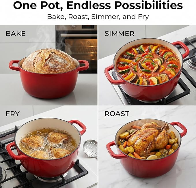 5.5QT Enamel Cast Iron Dutch Oven with Lid,Dual Handles,Versatile Heavy-Duty Non-toxic Cookware for Sourdough Bread Baking,Braising,Stews,Roasting,Oven Safe up to 500°F red