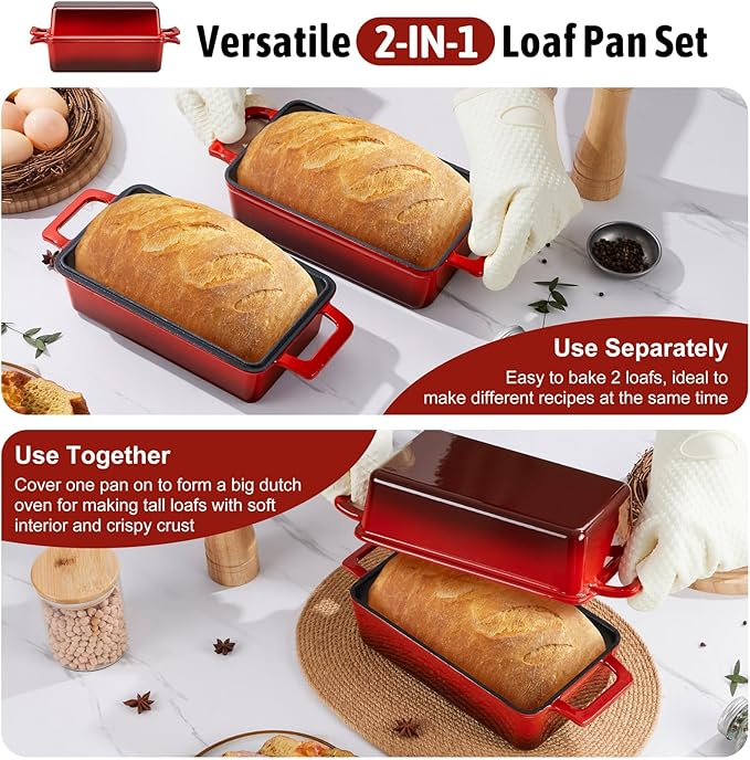 P&P CHEF 2-In-1 9 x 5 Inch Cast Iron Loaf Pan with Lid (Red), Bread Loaf Pans for Baking Homemade Sourdough Bread, Meatloaf, Toast, Cake, Nonstick & Healthy & Sturdy, 2 Piece Set